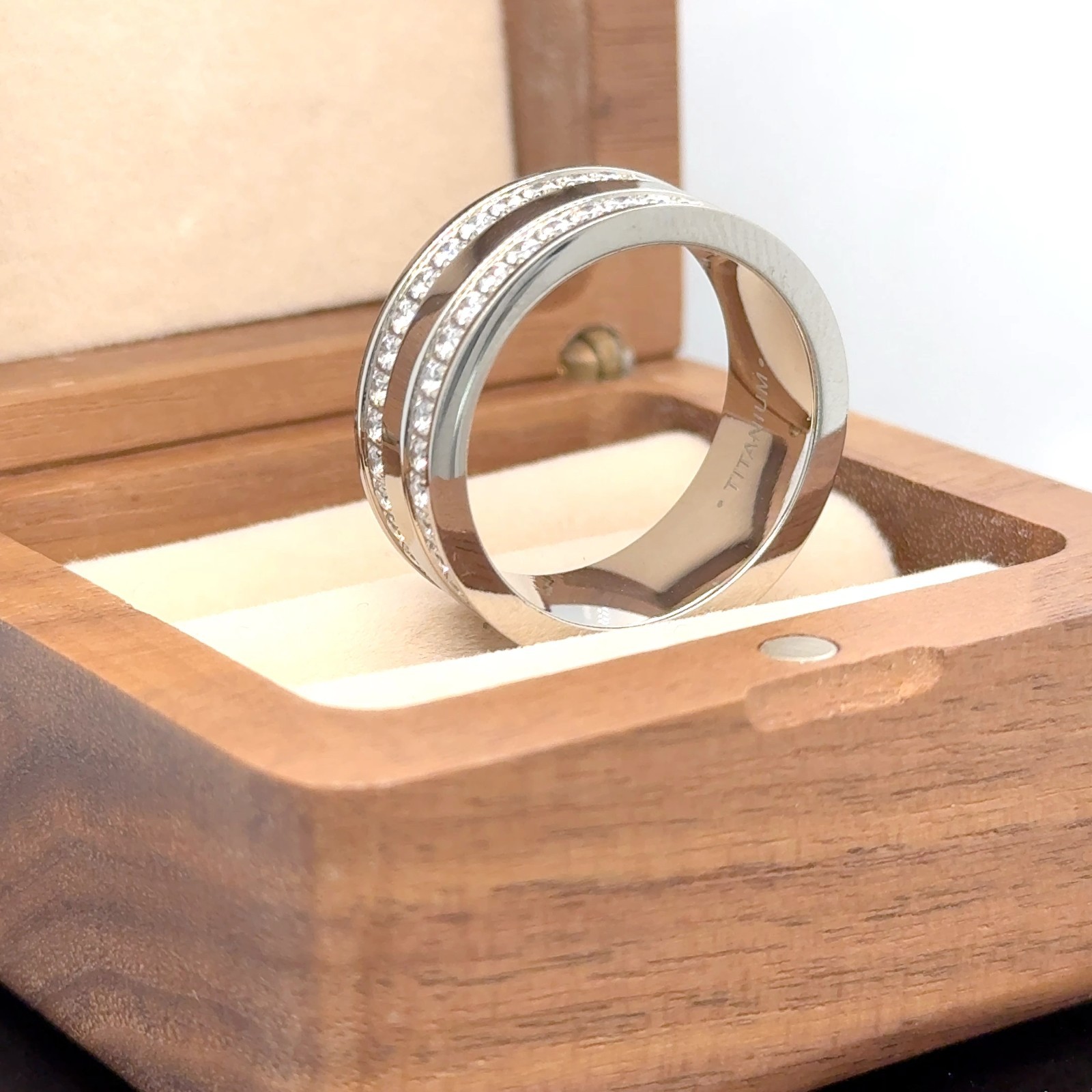 Mens Titanium Ring, Titanium Wedding Band, CZ Eternity Ring, Round cut CZ Band