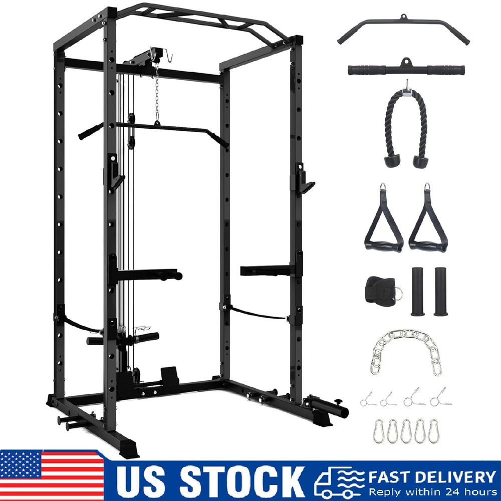 Power Cage ,Multi-Functional Power Rack w/Pulley System ,J-Hooks Dip Bar Workout