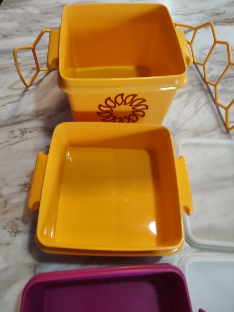Vintage Tupperware Square Away Stacking Lunch Set W/ Handle Maize Yellow Sun 7PC