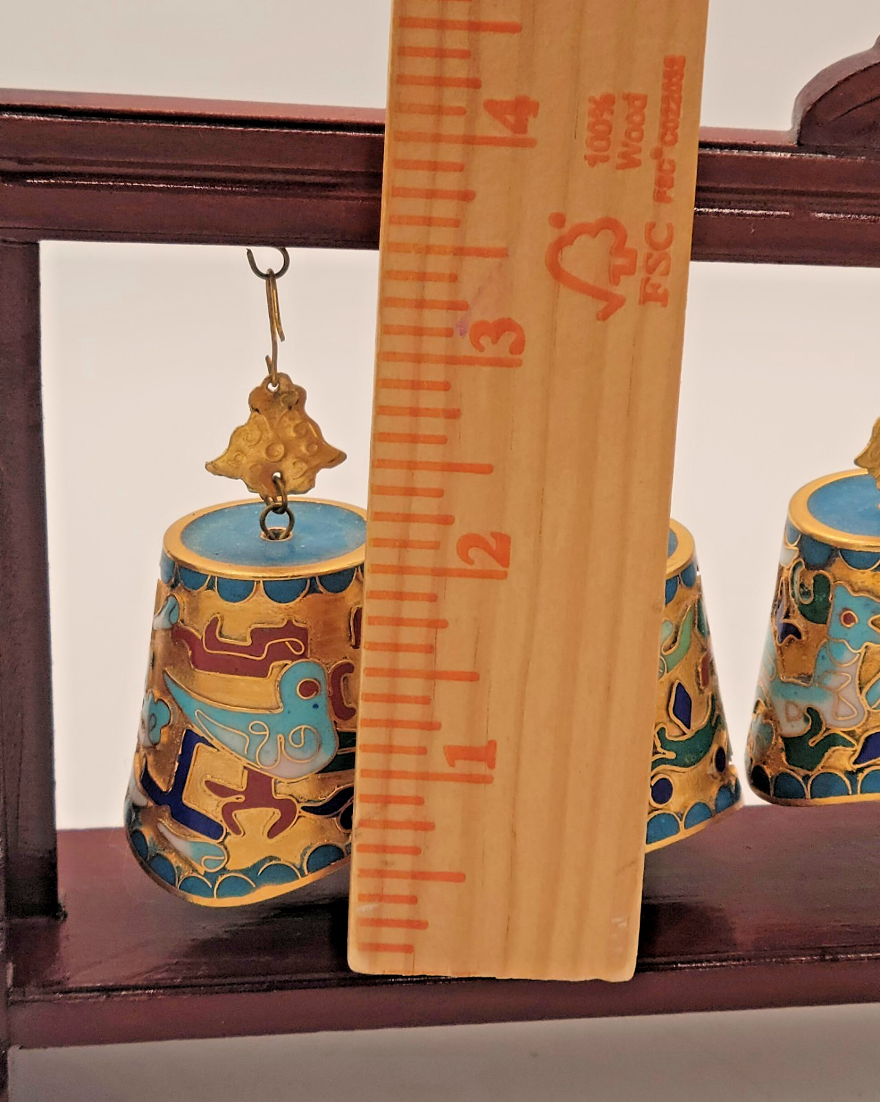 Chinese Cloisonne Graduated Musical Bell Set on Wood Carved Stand FREE SHIP