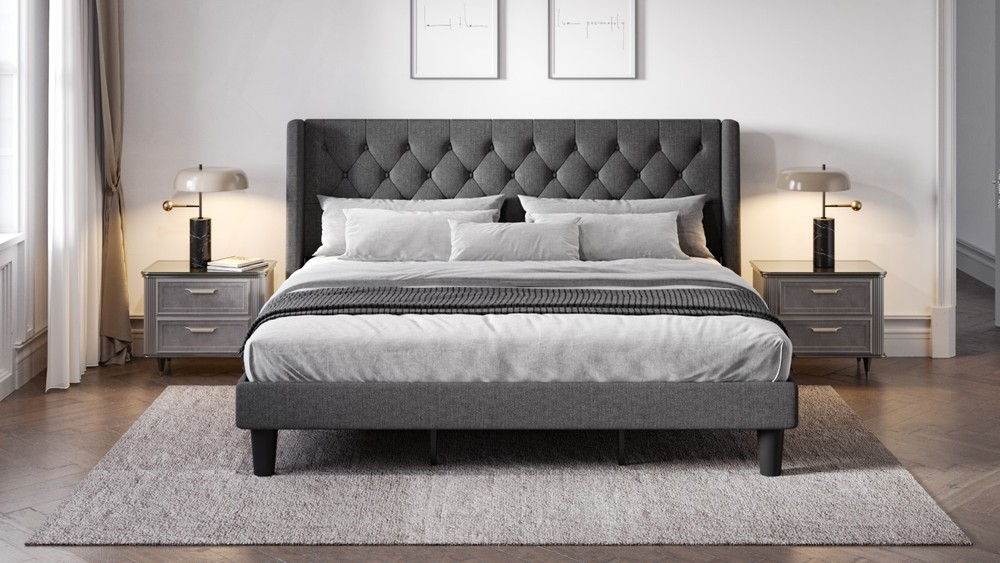 Modern Full Size Bed Frame with Button Tufted Wingback Headboard, Upholstered Pl
