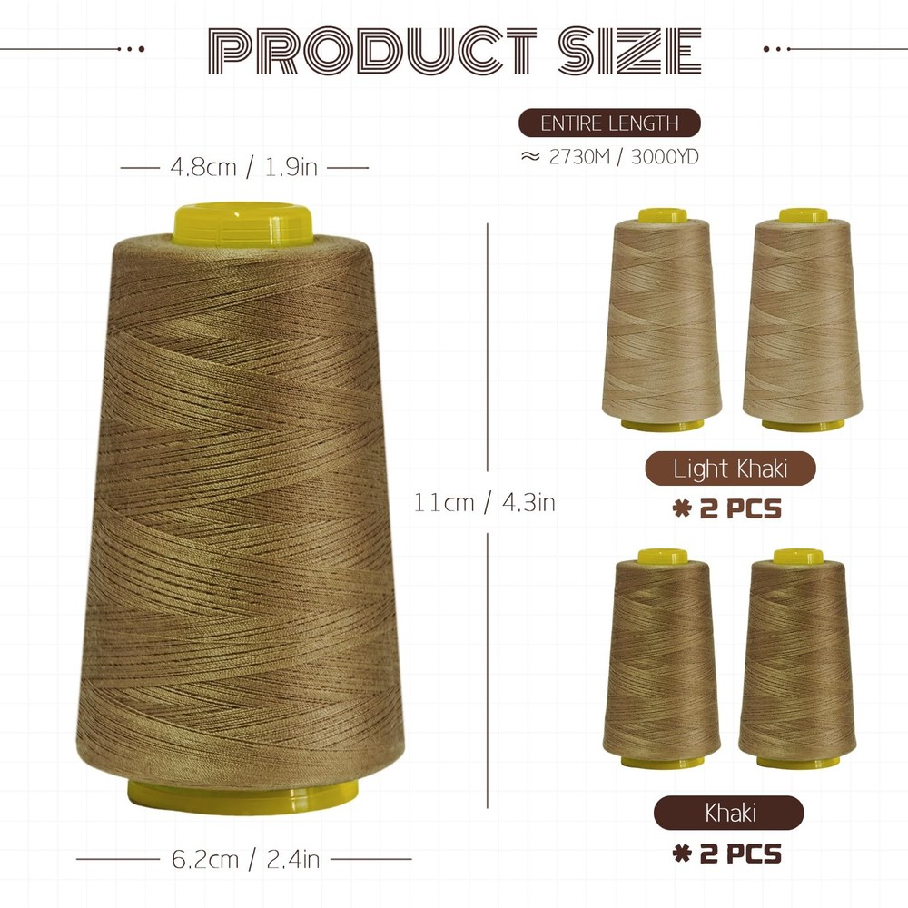 4 Pack 12000 Yards Total All-Purpose Polyester Sewing Thread Cones Khaki