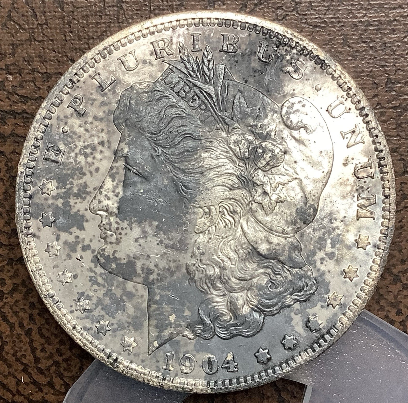 1904-O Morgan Silver Dollar Uncirculated Detail Environmental Damage Ugly Toning