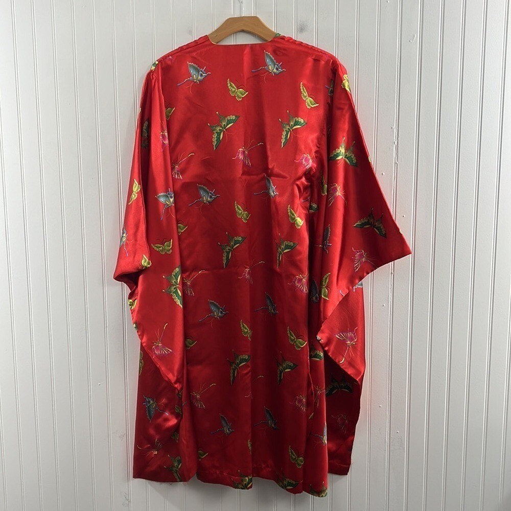 Red Satin Butterfly Japanese Style Kimono Jacket Womens Medium Gold Lining