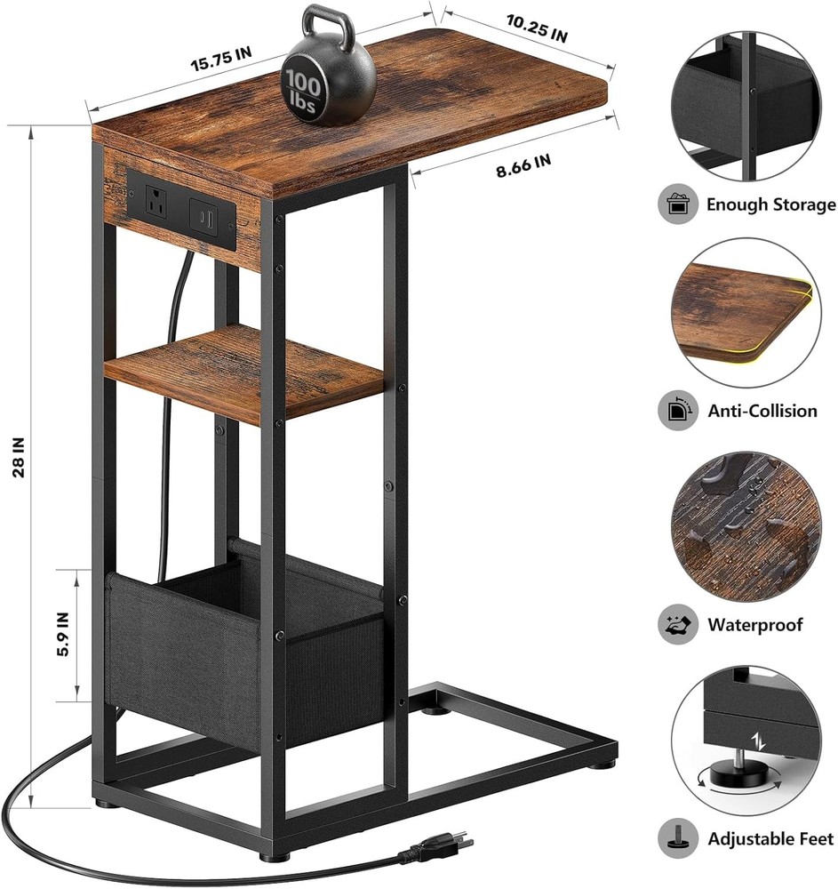 C Shaped End Table with Charging Station, Small Side Table for Couch Recliner,