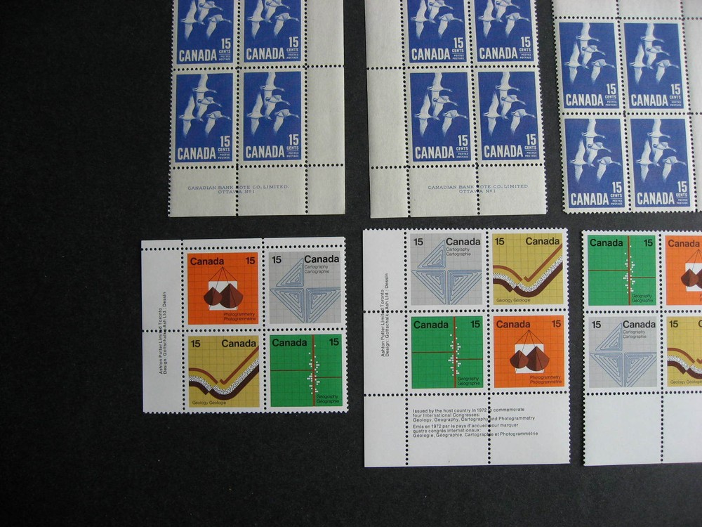 Canada 14 different better MNH 15c plate blocks, different positions count