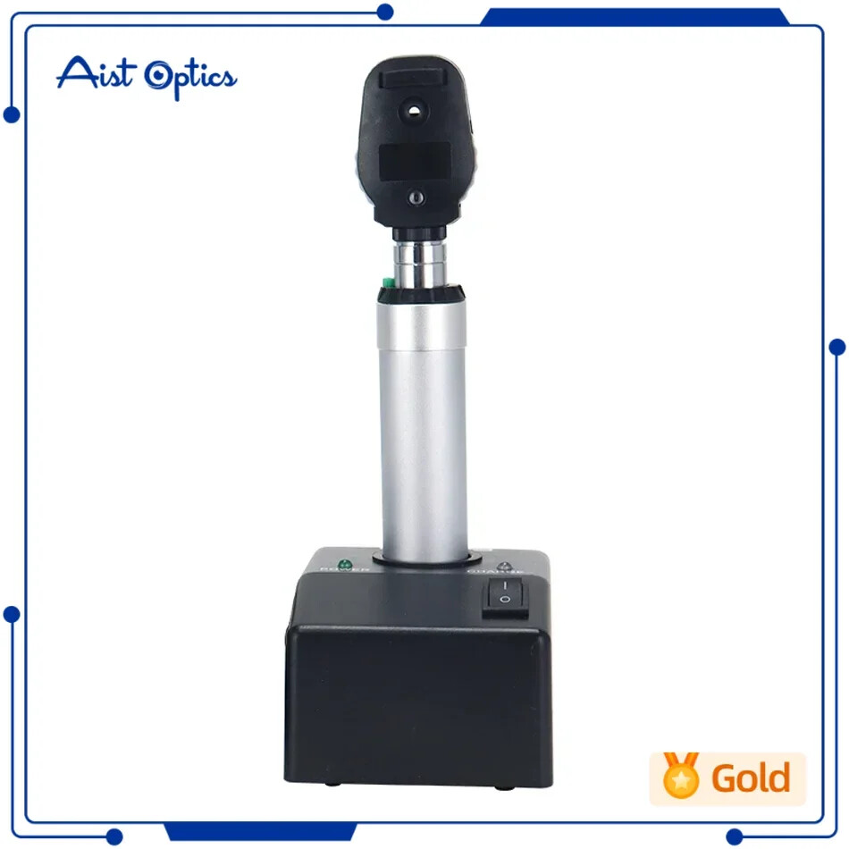 Optical rechargeable direct vision fundoscope with aluminum carrying case