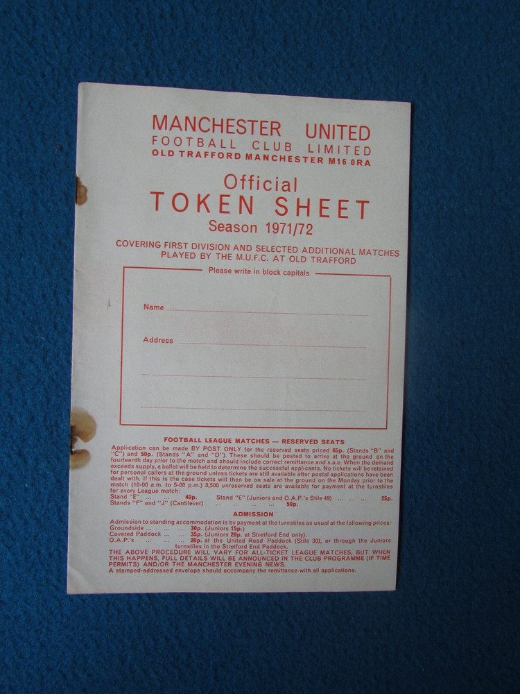 Manchester United Token Sheet 1971/72