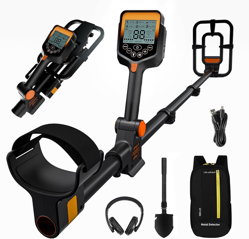 Foldable Rechargeable Metal Detector Waterproof Adjustable with Shovel Orange