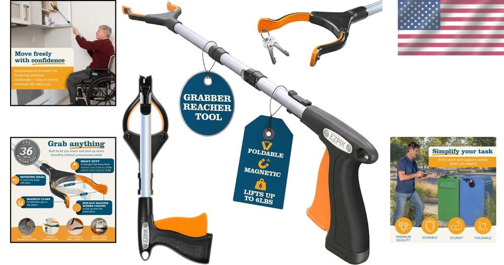 36" Folding Grabber Tool + Magnets for Elderly & Disabled