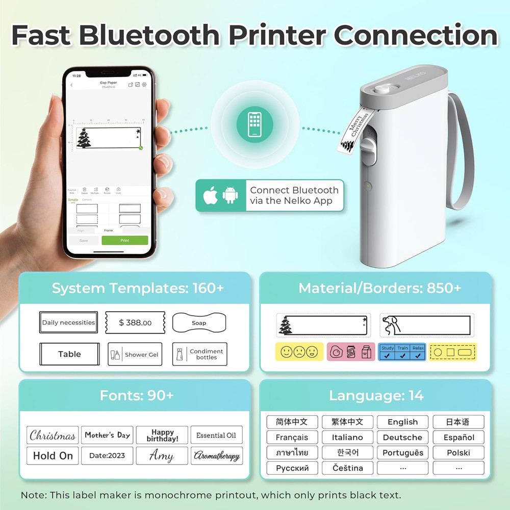Nelko Label Maker Machine with Tape, P21 Bluetooth Label Printer, Wireless Mini