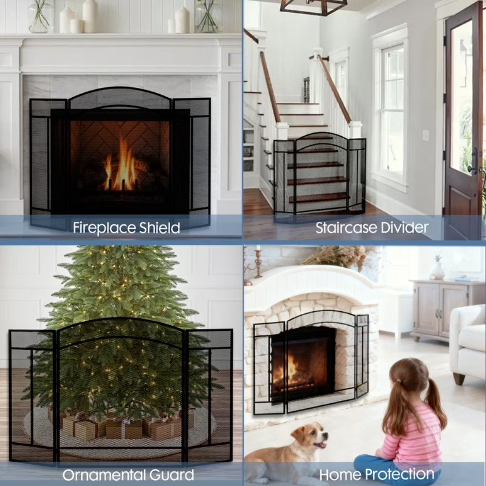 48" Fireplace Screen with Hinged Doors, 3 Panel Spark Guard Cover