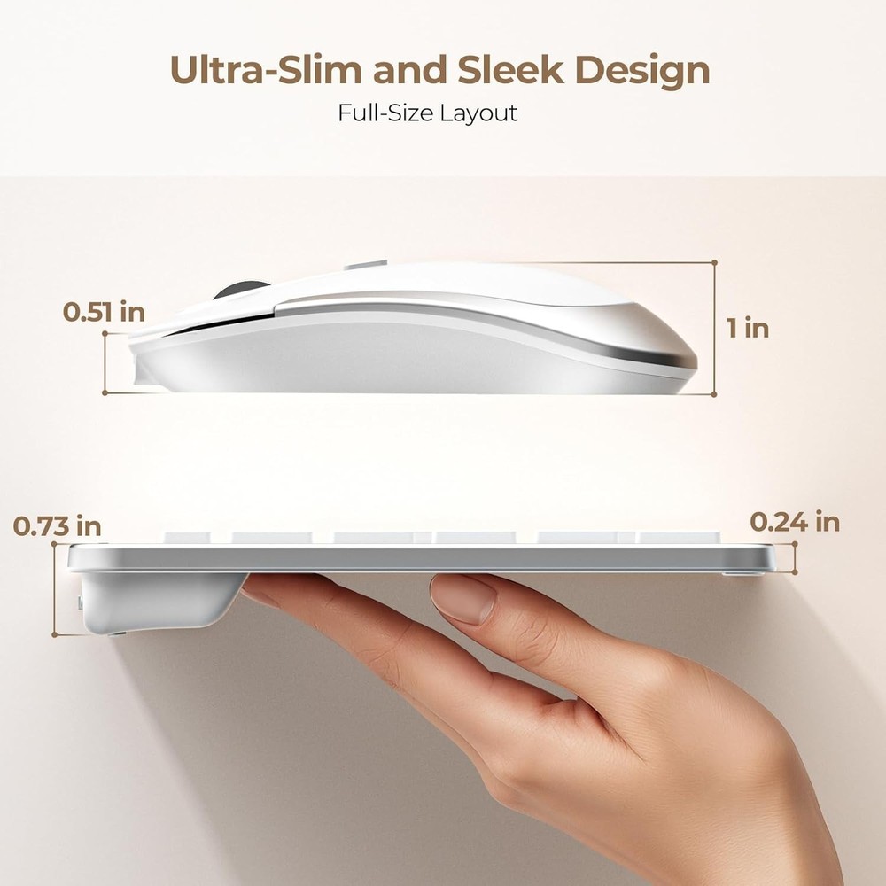 Rechargeable Full-Size Wireless Keyboard and Mouse - Modern Silver & White Combo