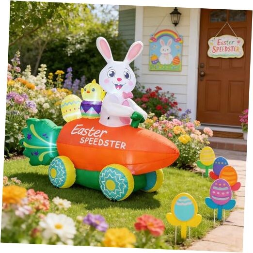 Inflatable Easter Bunny with Carrot Car and Easter Eggs, 6FT Easter