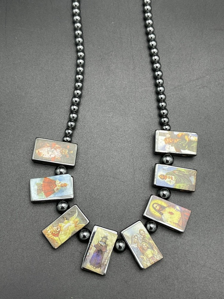 Vintage Religious Hematite Beads With Biblical Saints Necklace 10 " - 11"