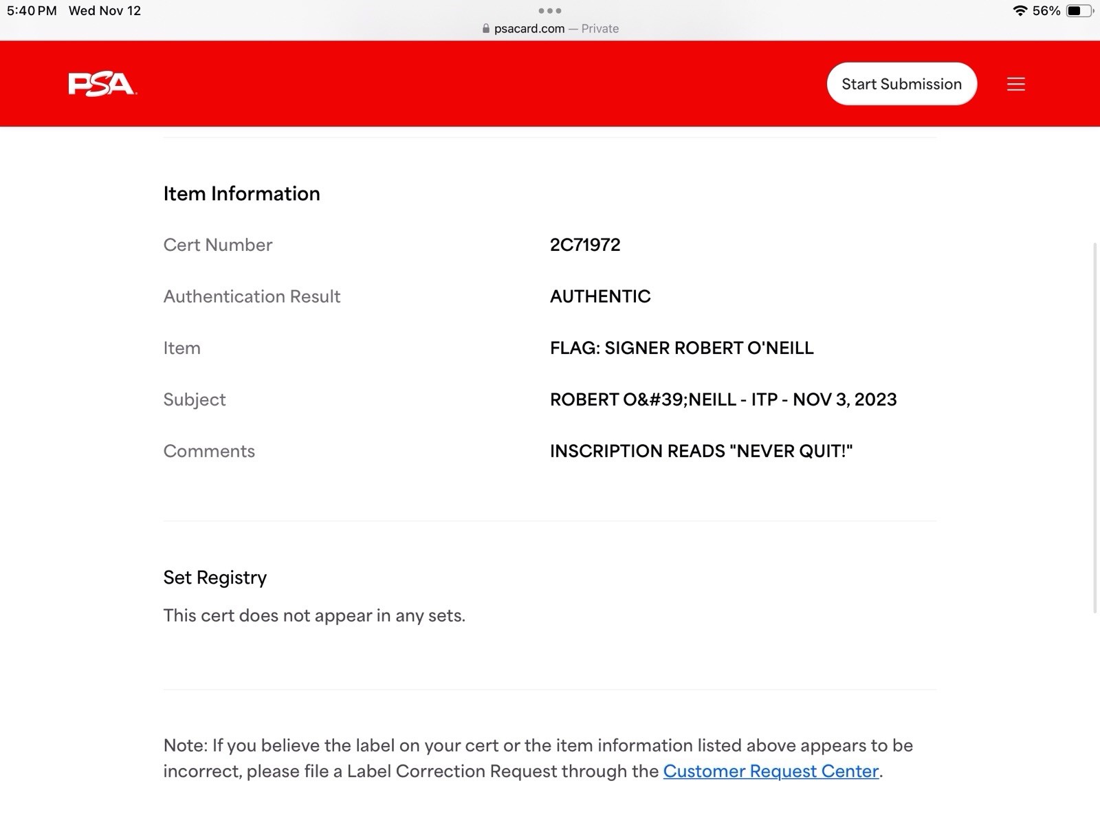 Rob O'Neill Never Quit Gold 31.5"x15" NAVY SEALs Flag PSA Certification 2C71972