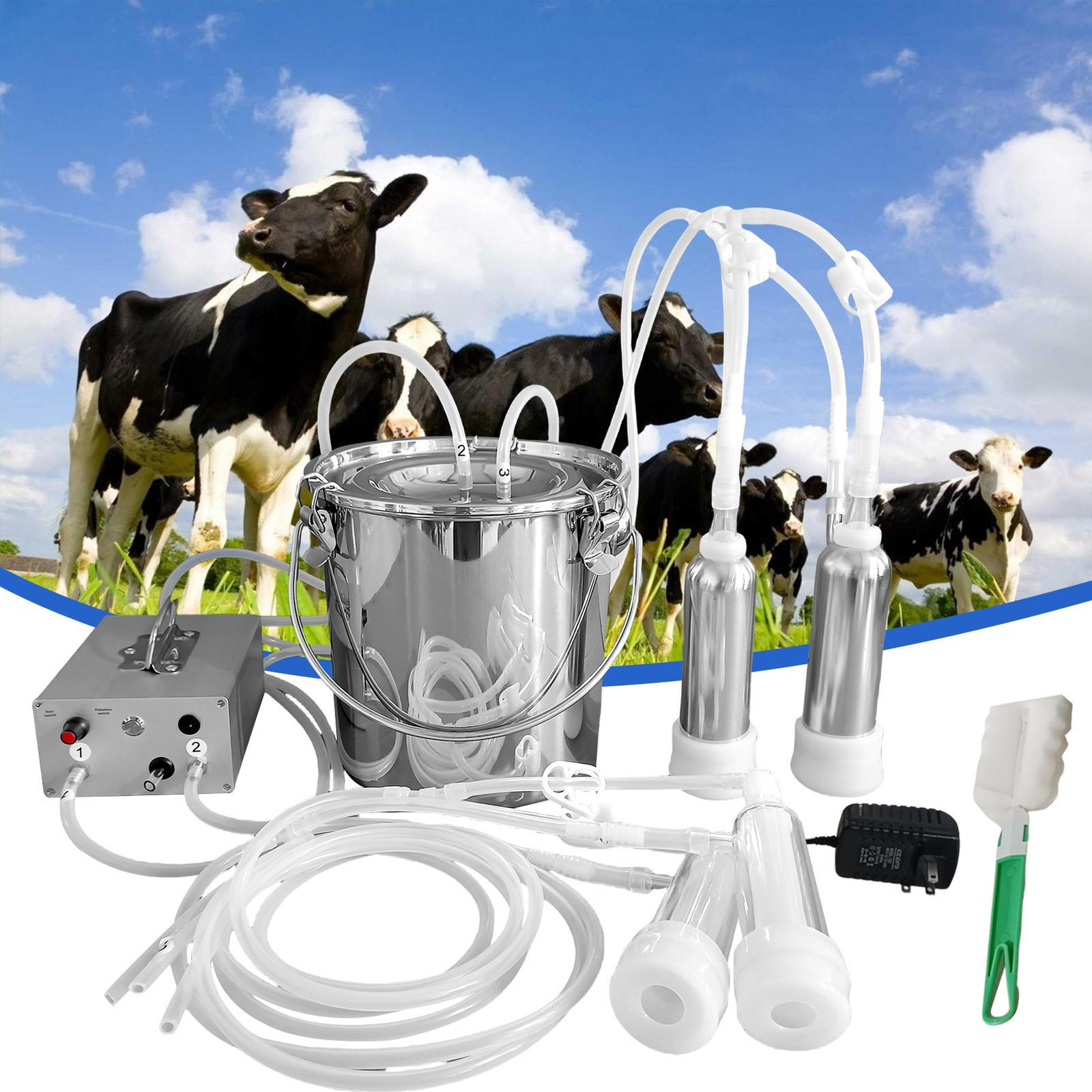 9L DualHead Sheep Goat Cow Milking Machine Vacuum Impulse 304 Steel Pump Milker-