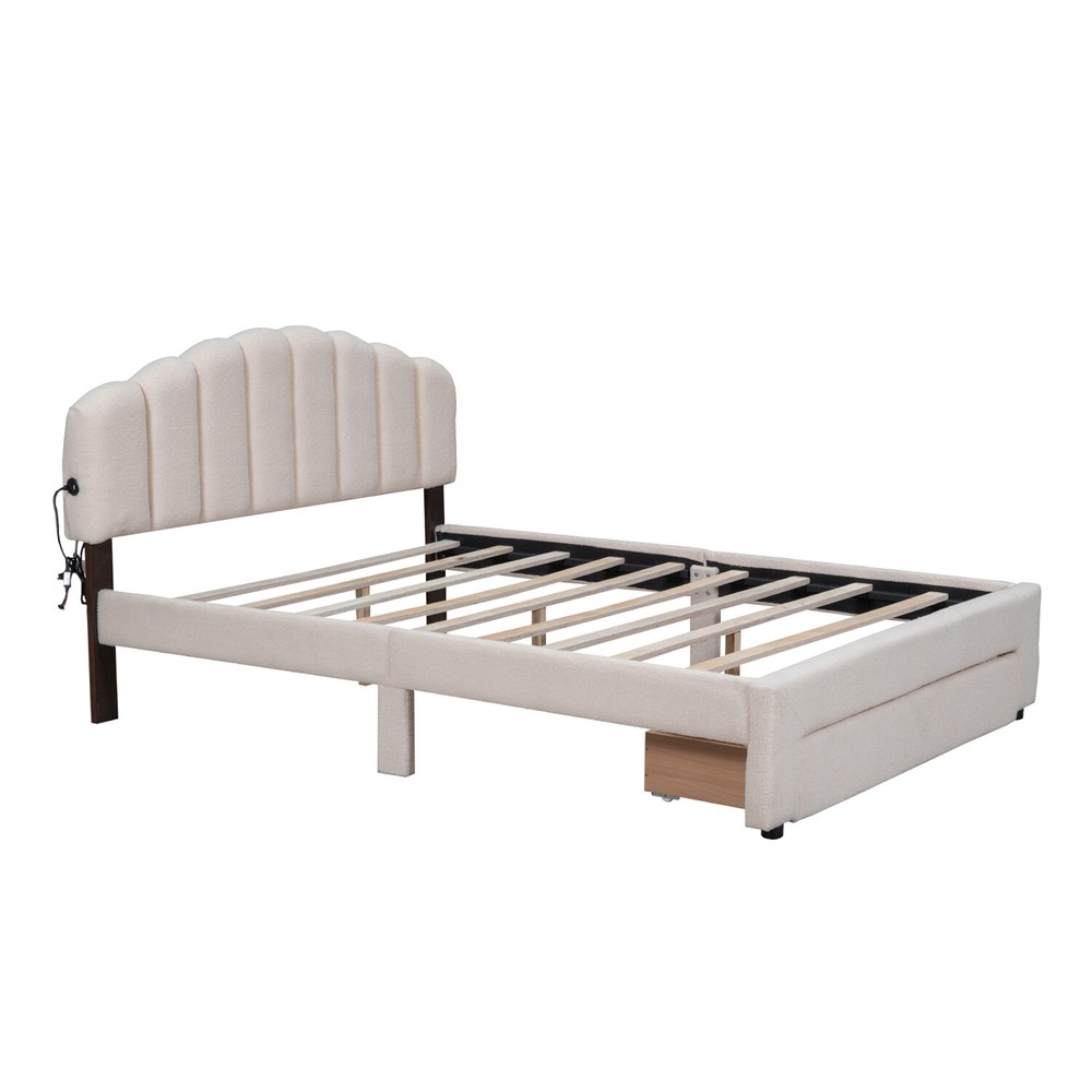 Queen Size Bed Frame Upholstered Platform Bed Frame w/ Headboard & Drawer Beige