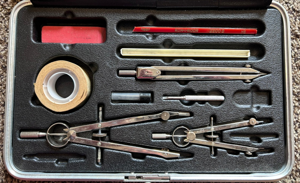 Vintage Drafting Tools Lot Triangles Templates Compass Slide Rule w/ Box