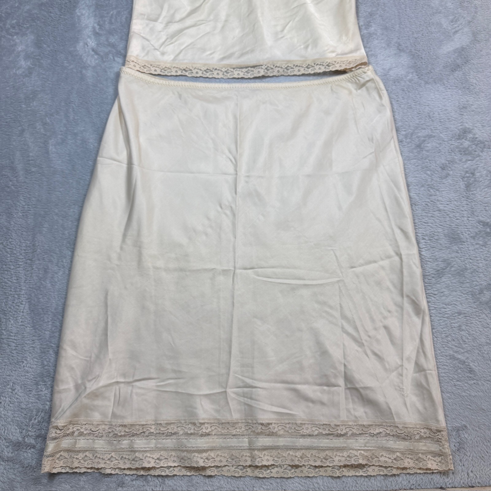 Vintage Christian Dior Slip Top & Skirt Women L Cream Satin Lace Hem READ