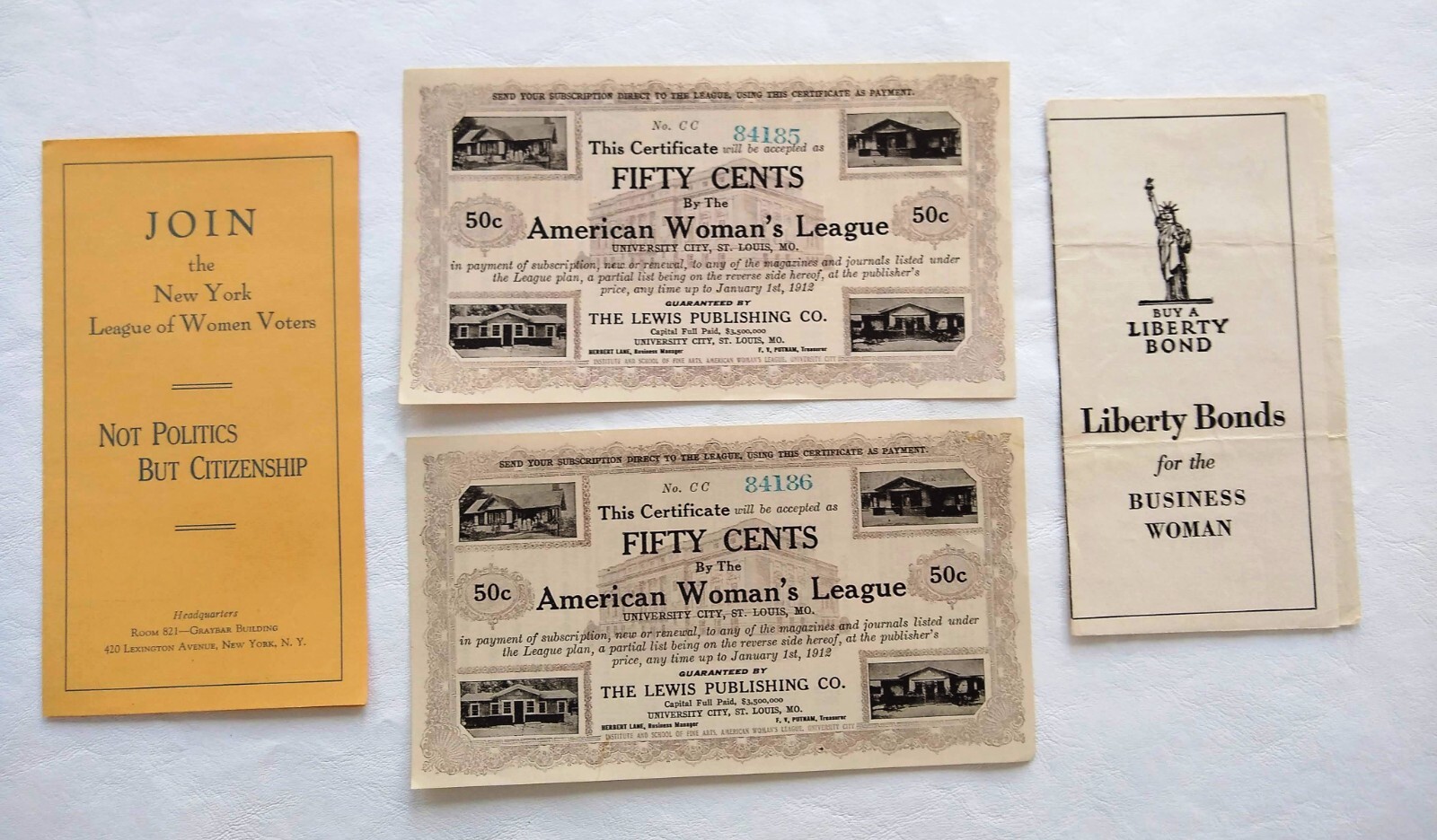 Women’s League, Voters, Liberty Bonds Lot of 4 Ephemera NYC & St Louis Paper