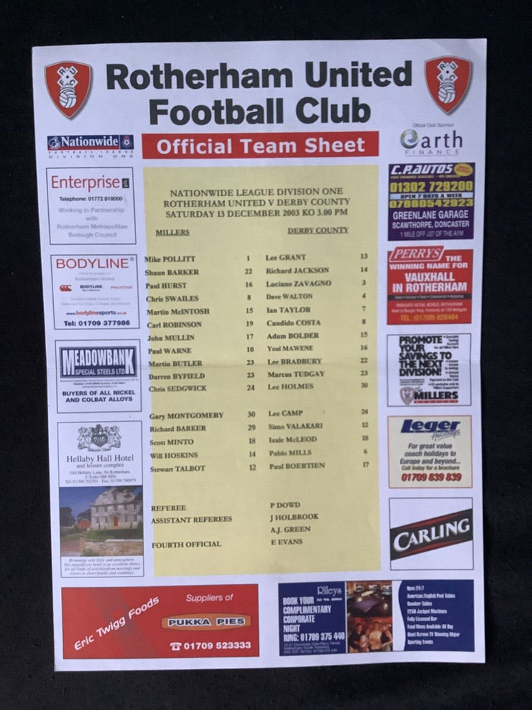 2003/4 Rotherham Utd v Derby County teamsheet