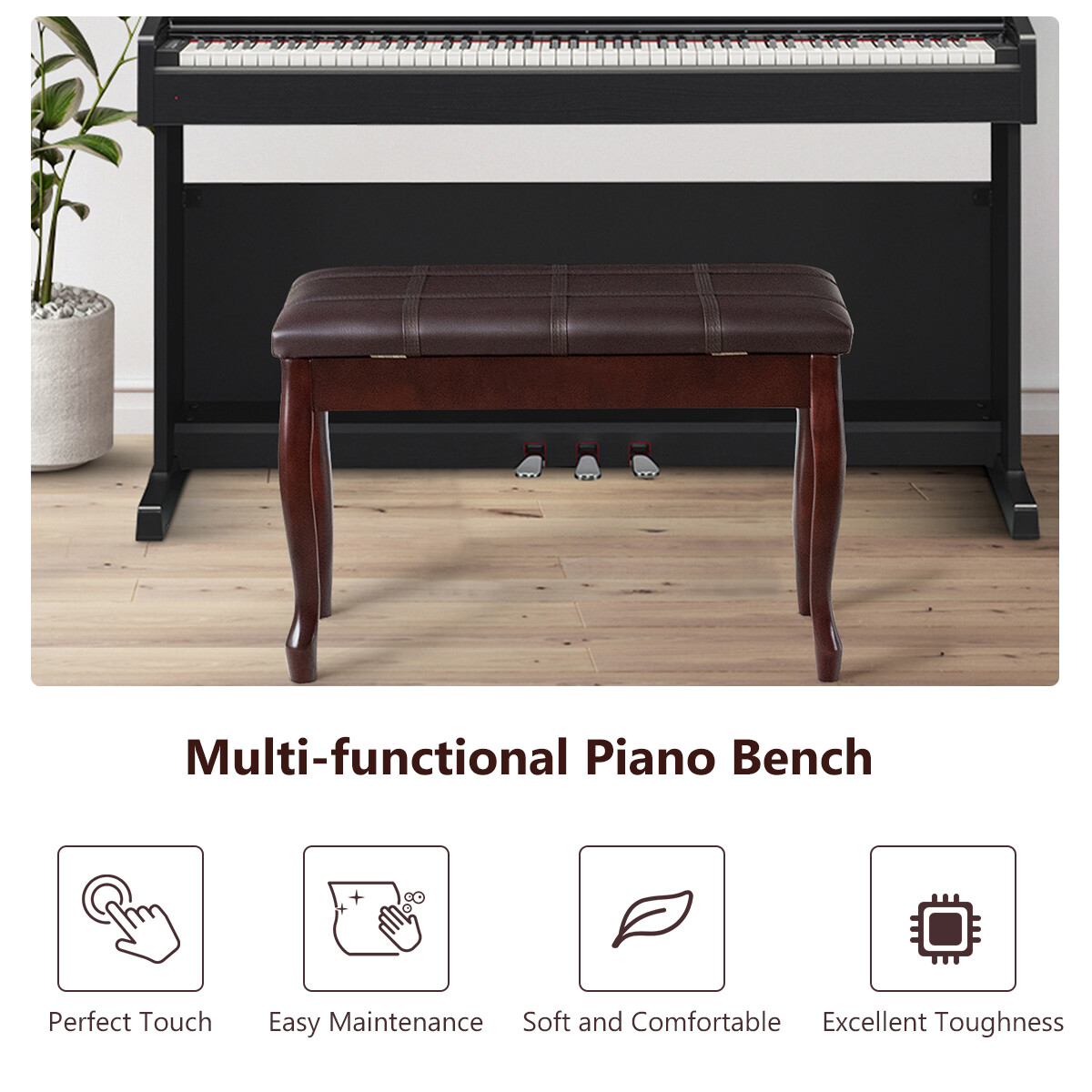 Solid Wood PU Leather Piano Bench Padded Double Duet Keyboard Seat Storage Brown