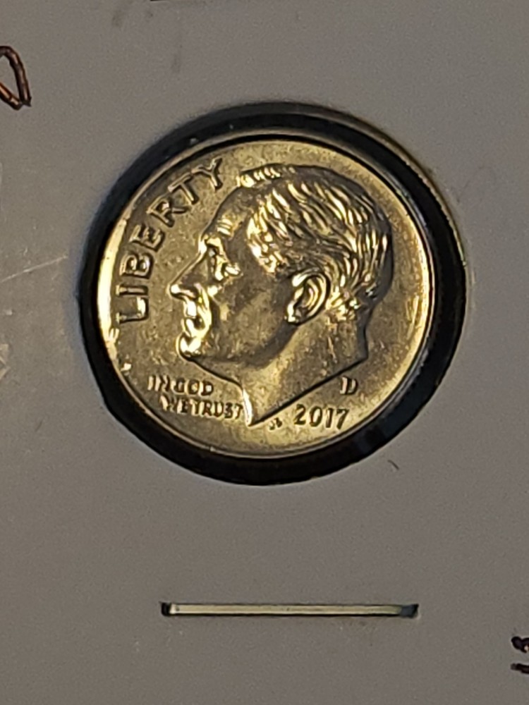 2017 D Roosevelt Dime. BU = Brilliant Uncirculated.