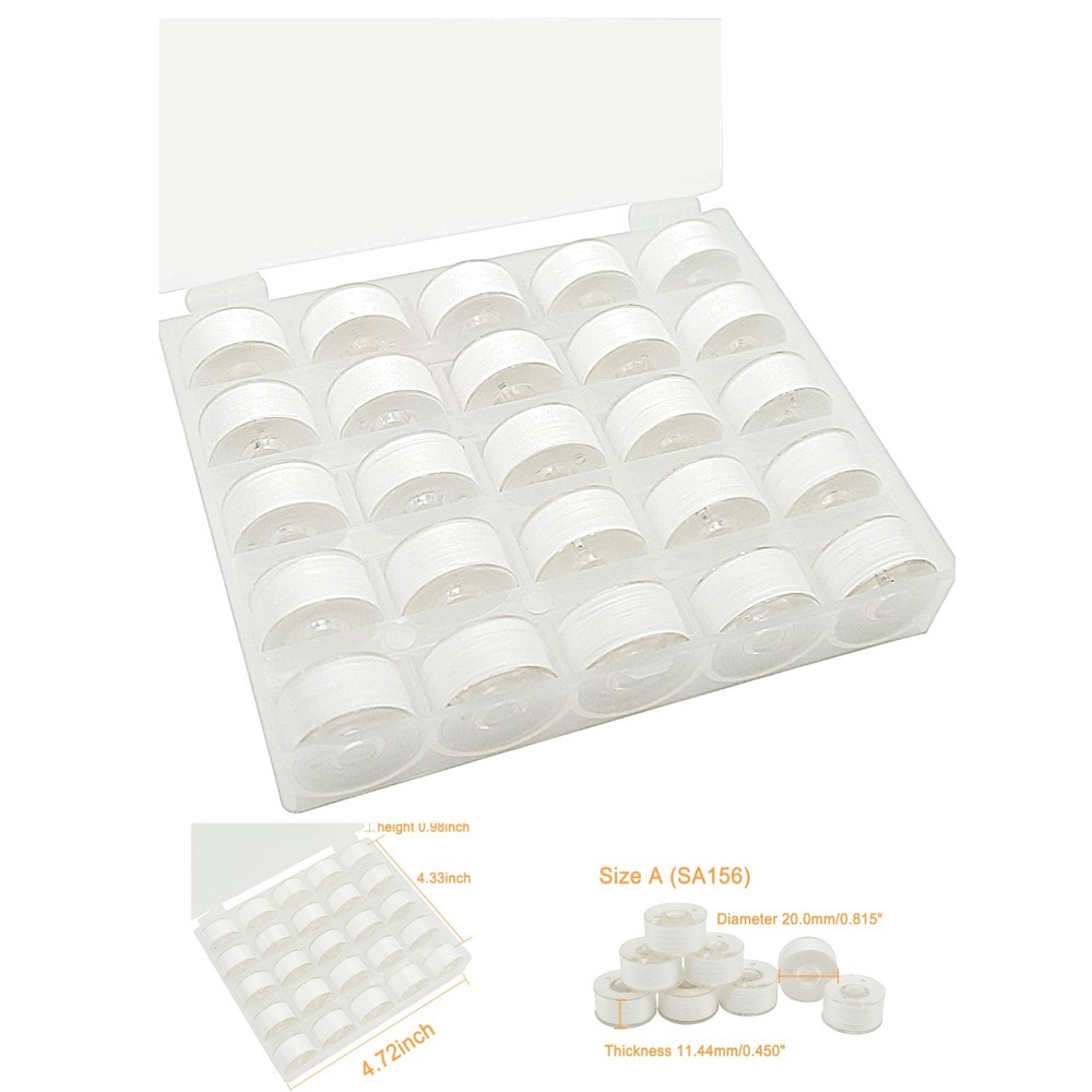 90WT Spun Polyester Bobbin Thread - 25 pcs White, Compatible with Major Brands