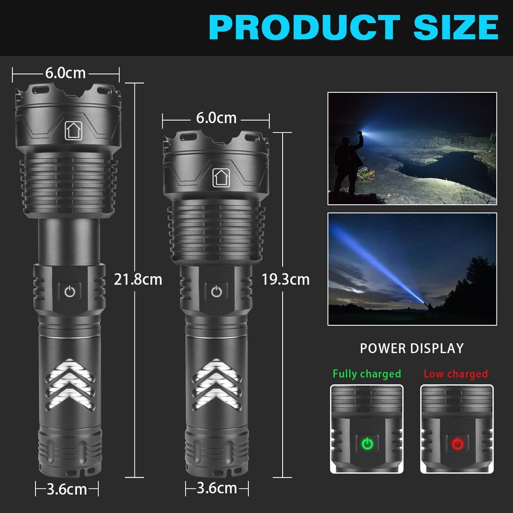 Super Bright 9000000Lumen XHP160 LED Flashlight Rechargeable High Powerful Light