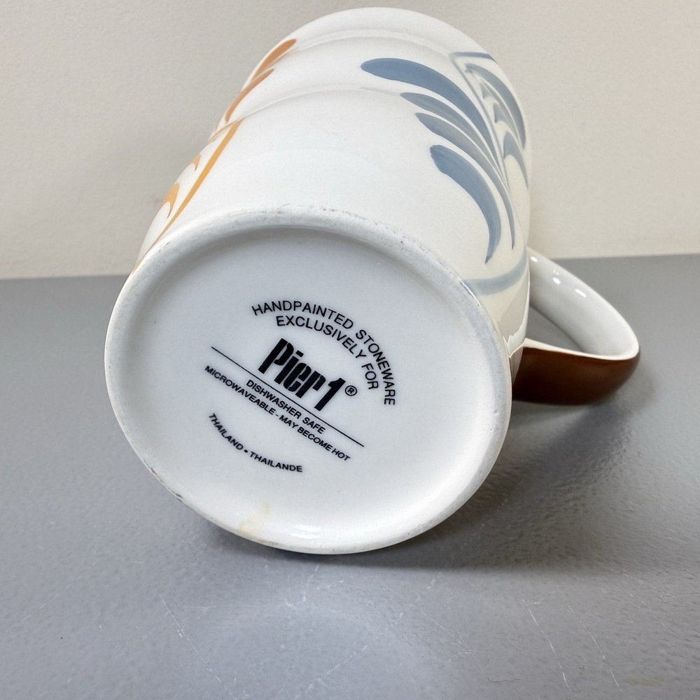 Pier 1 Hand Painted Mug White Multicolor Leaf Pattern Stoneware Cup