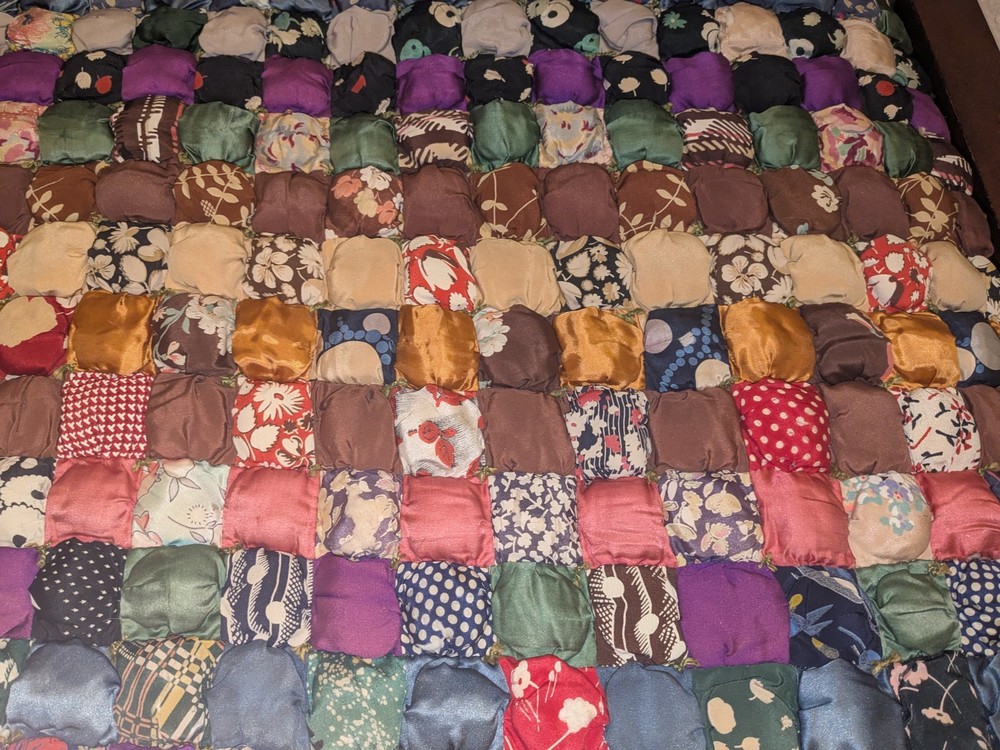 Unique Antique Puff Biscuit Patchwork Fabric Quilt ~ Green Back