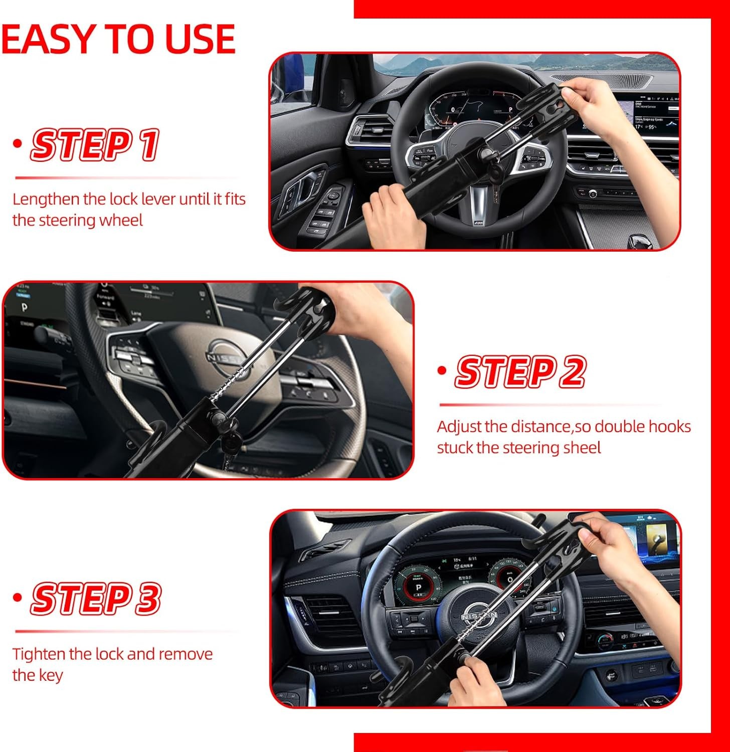 Heavy Duty Car Steering Wheel Lock Anti-Theft Security Device Universal + 2 Keys