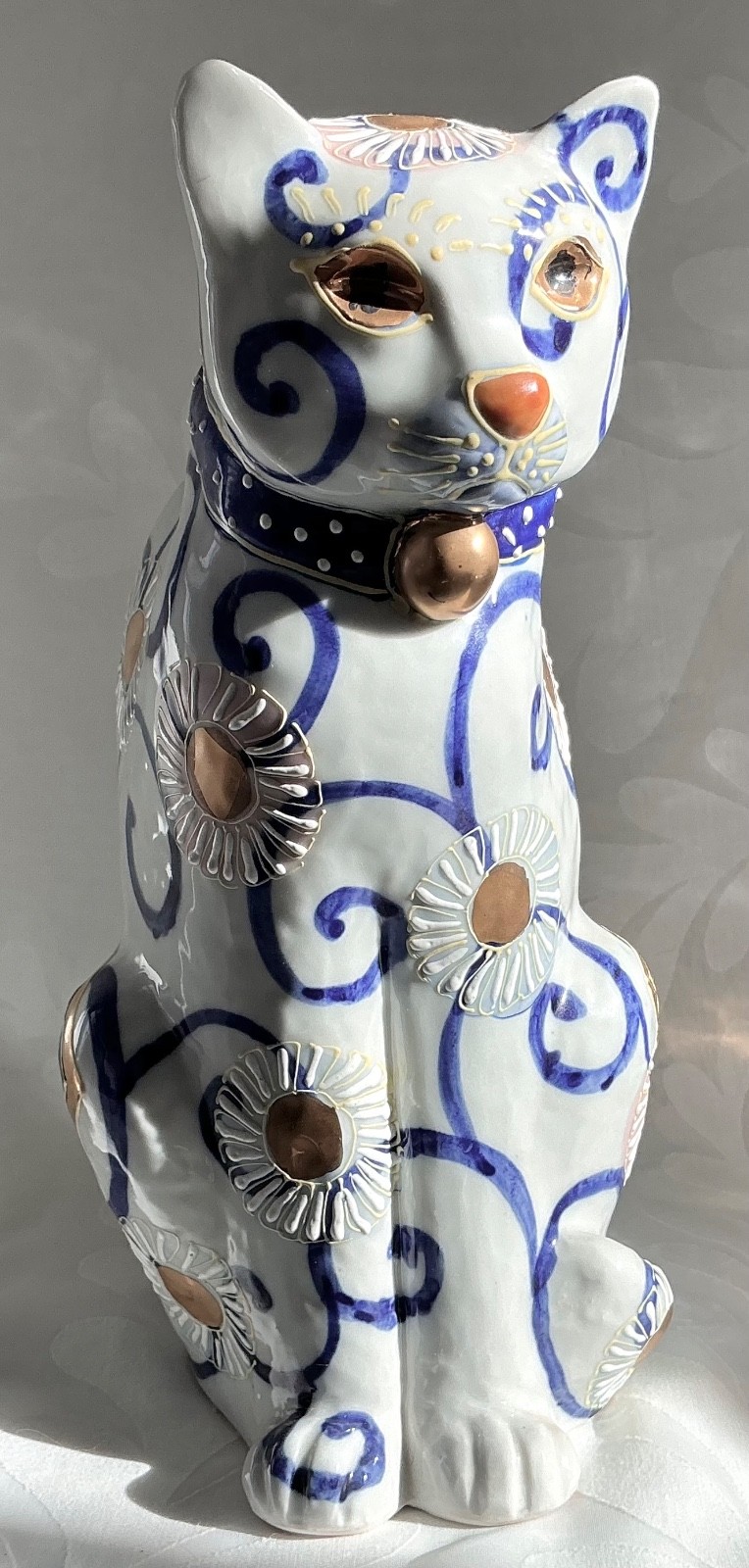 Vtg Large Kutani Cat 9" Porcelain Figurine Japanese Lucky Kitten Sculpture