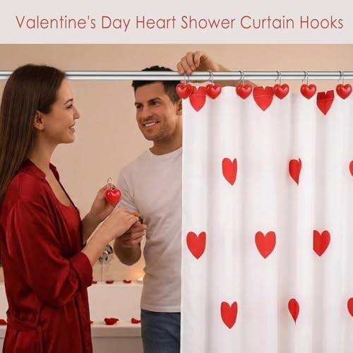 12PCS Red Heart Shower Curtain Hooks Valentine's Day Bathroom Decorative,