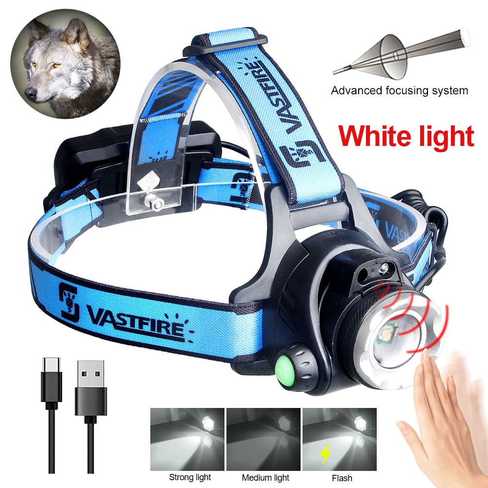 White Sensor LED Zoomable Headlamp Predator Head Torch Light USB Rechargeable