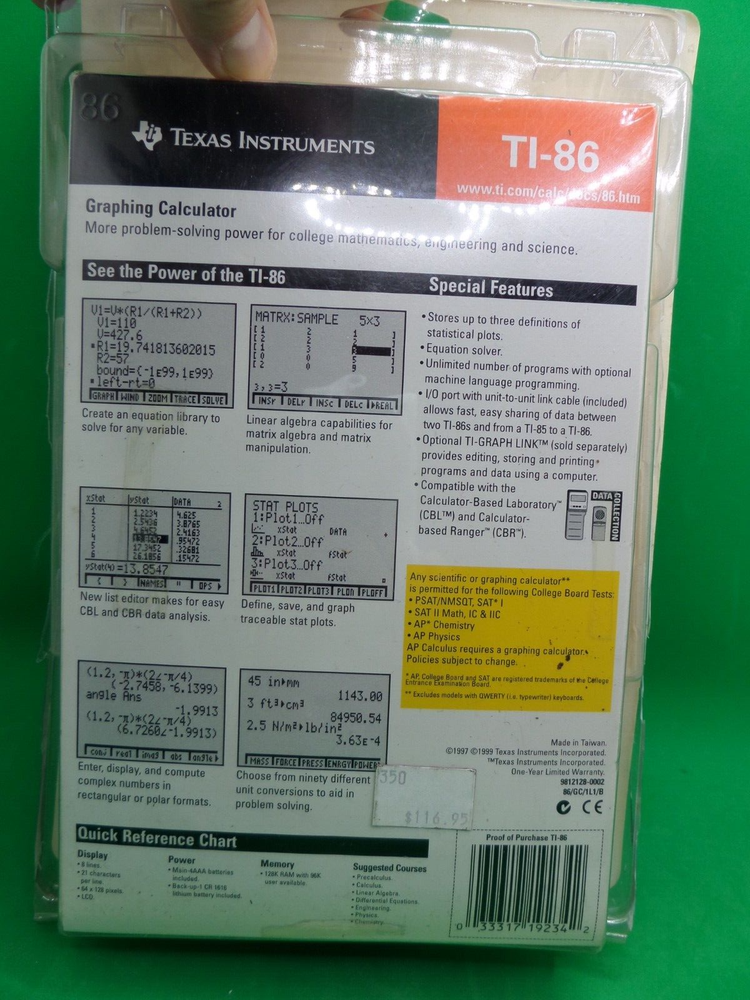 Texas Instruments T1-86 plus graphing calculator