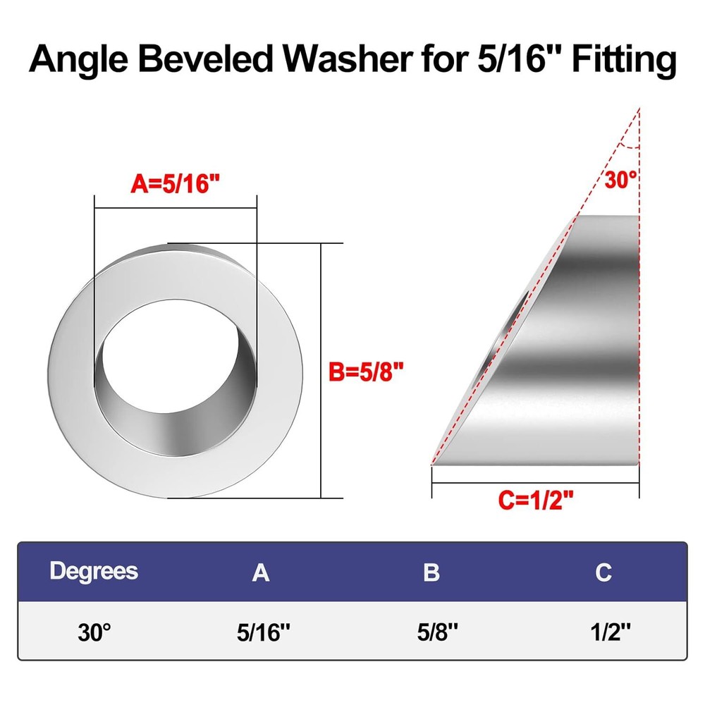 5/16" ID Angle Washers For Cable Railing Posts Stainless Steel 30 Degree 20 Pack