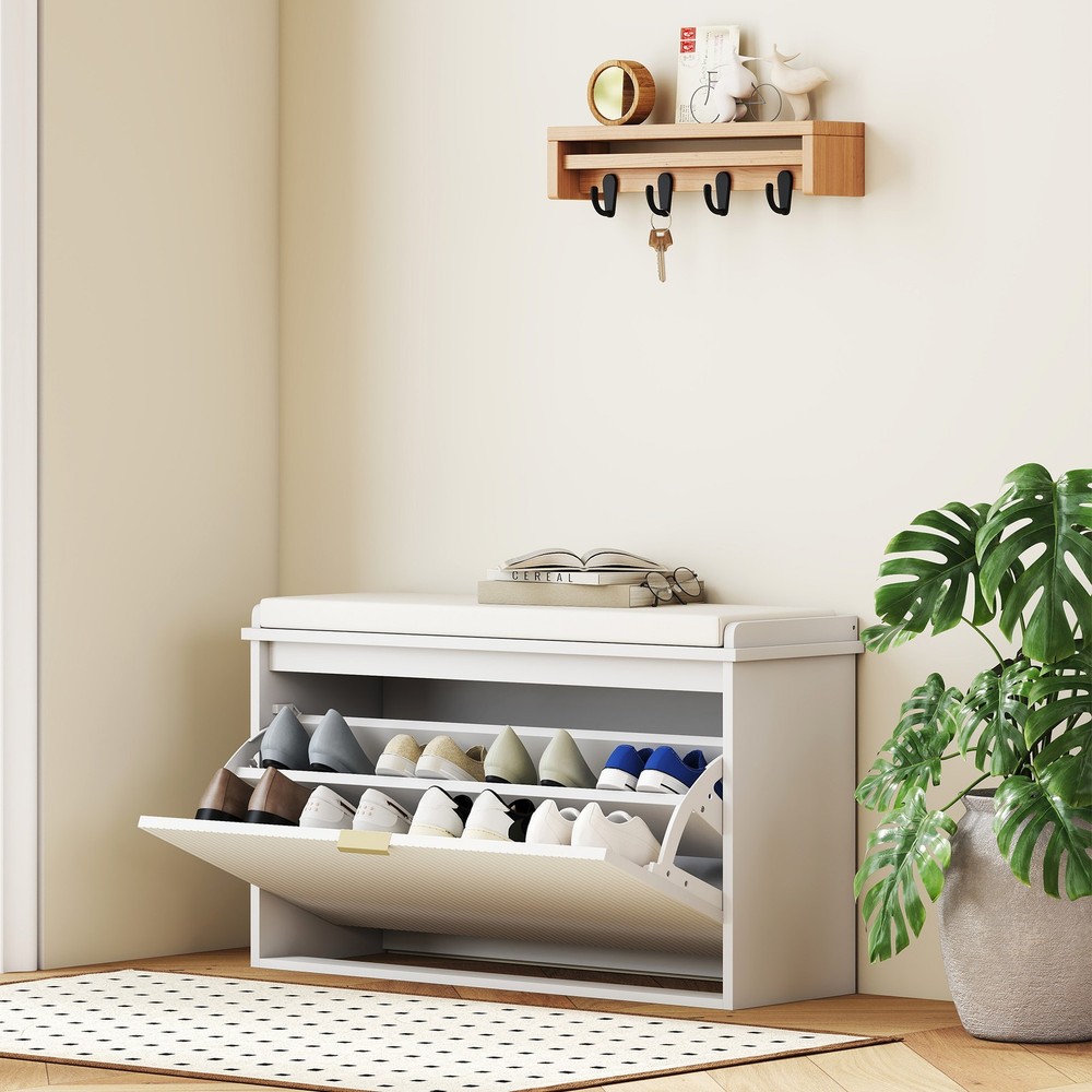 Cushioned Shoe Cabinet Bench with Storage Drawer for Home