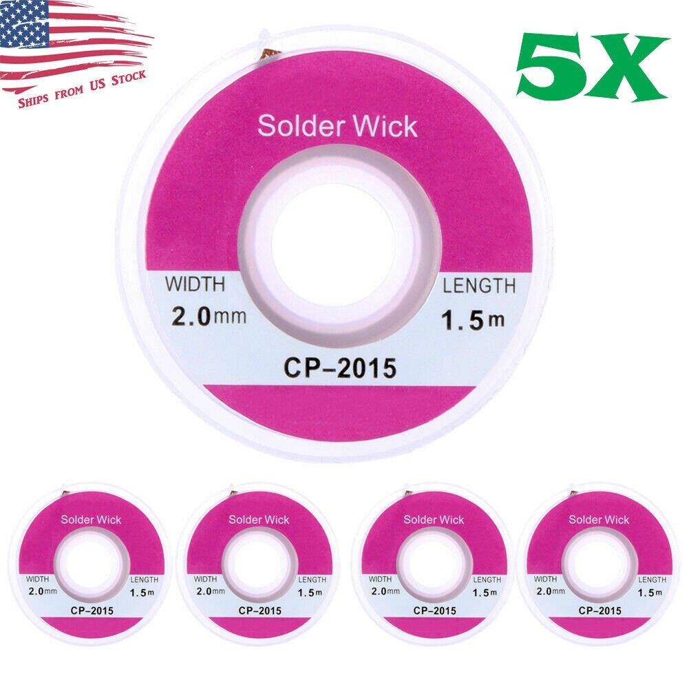 5 Rolls 2mm x 5ft Desoldering Braid Wick Solder Remover w/ No Residue Rosin Flux