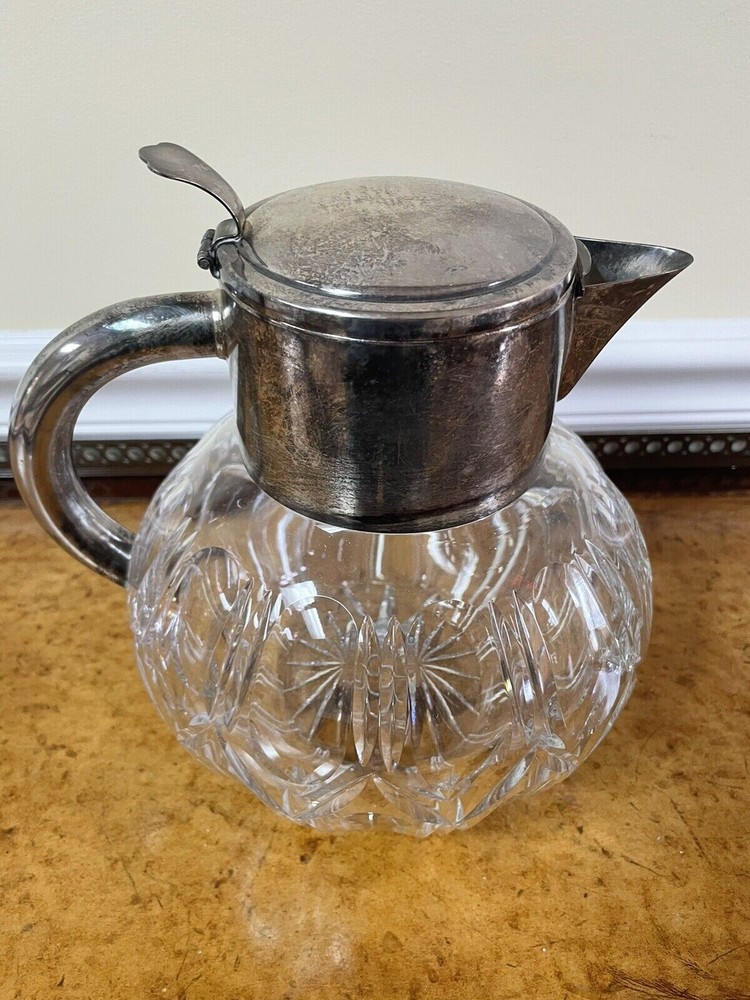 Antique Cut Glass Silver Plate Pitcher 9” Tall