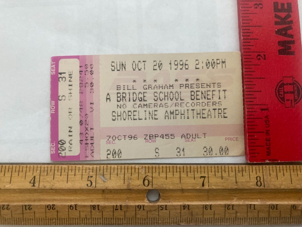 Neil Young "A Bridge School Benefit" Ticket + Button 10/20/1996 Shoreline Amp.