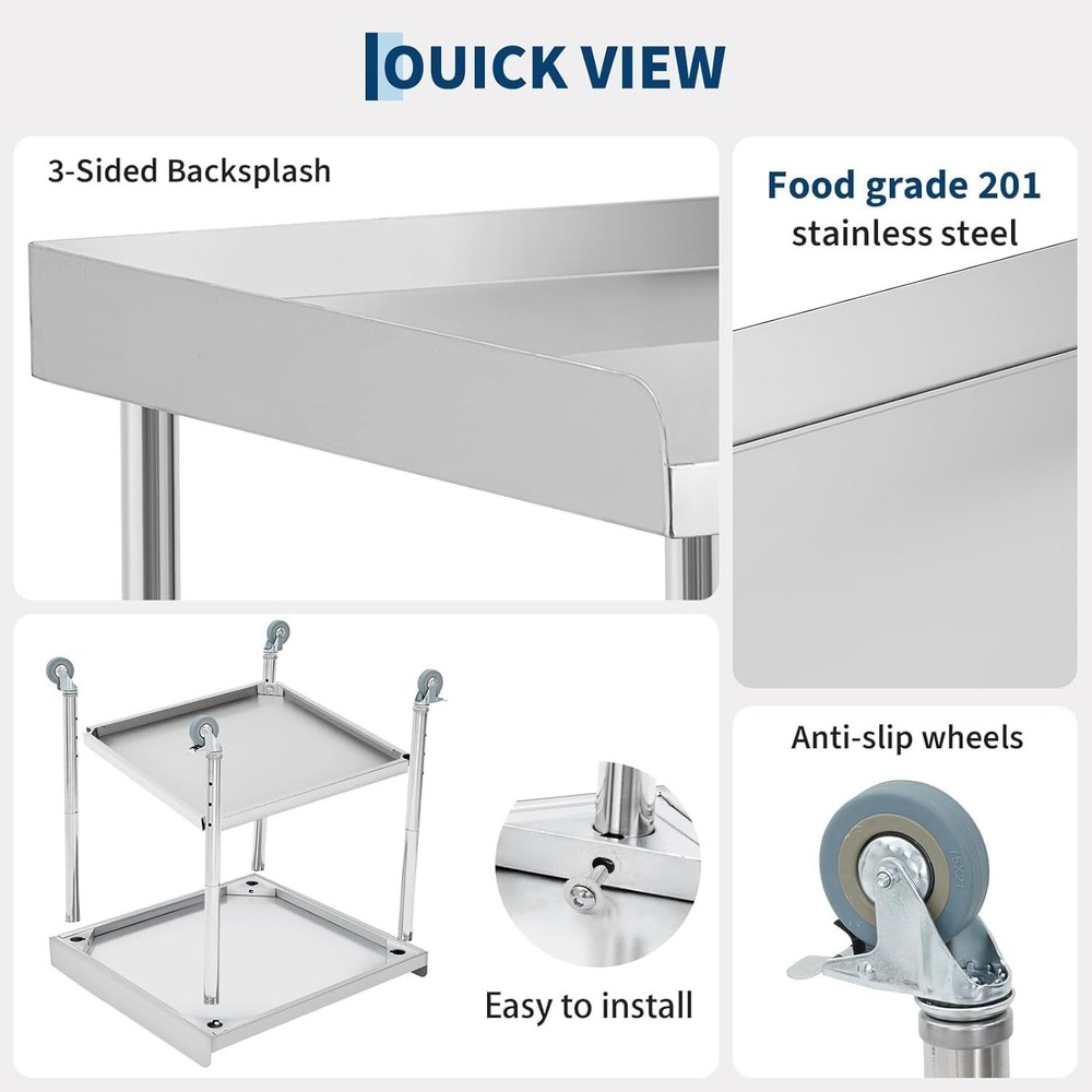 Stainless Steel NSF Kitchen Restaurant Work Prep Table with Wheels & Backsplash