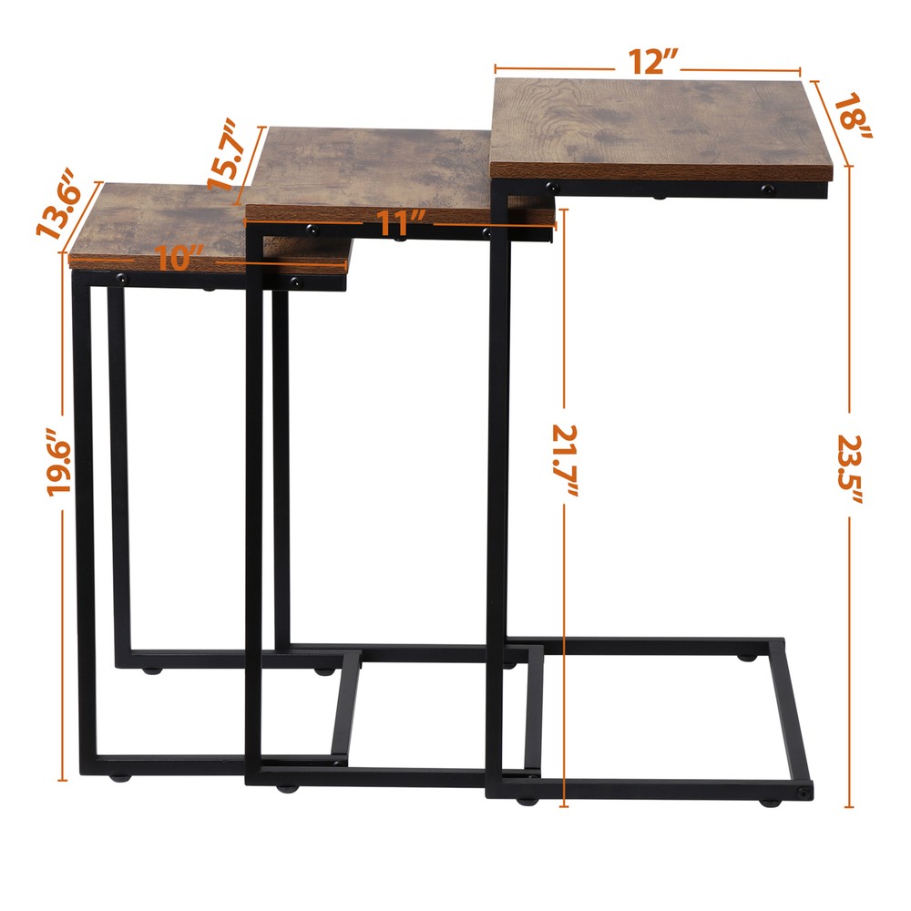 Modern C-Shaped End Tables Set of 3 Nesting Coffee Table Accent Side Table Brown