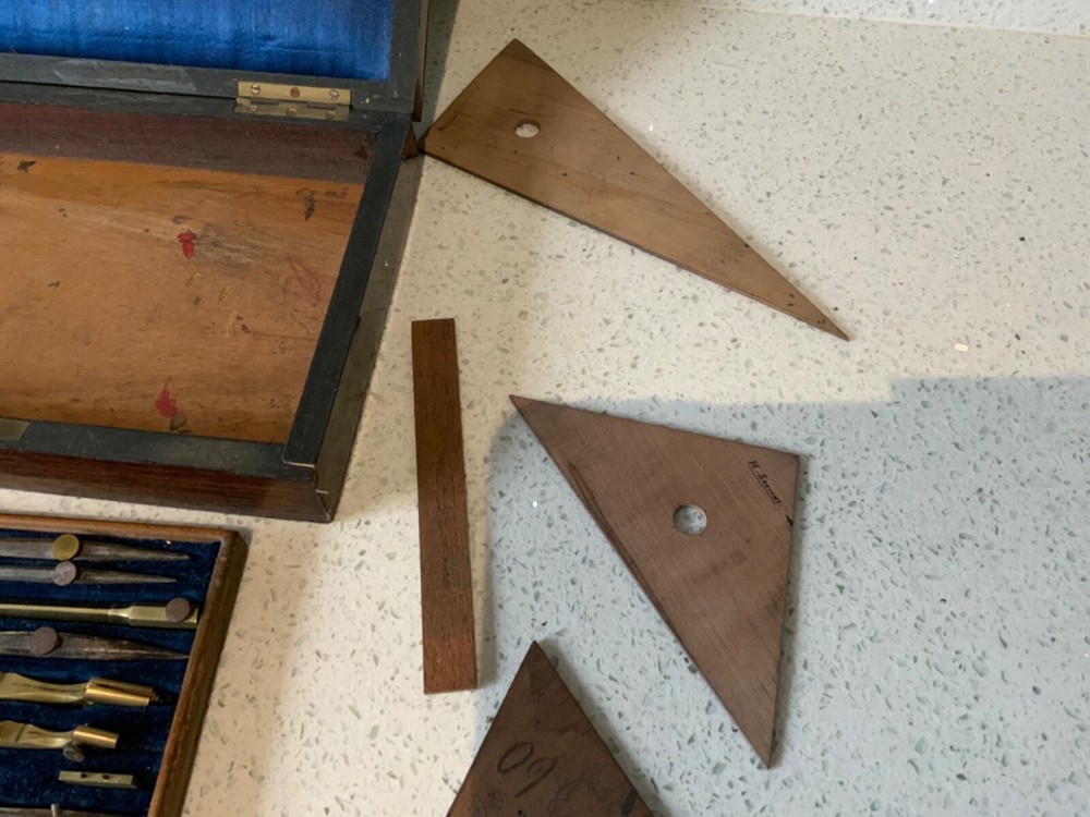 Antique Brass Geometry draftsmanship technical Drawing Instruments Set 1879 key