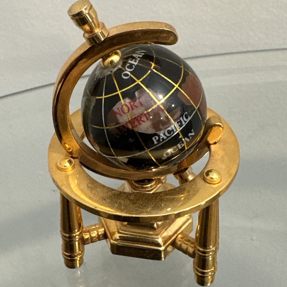 Vintage Semi Precious Gemstone World Globe Lapis -Brass Base 3” Tall