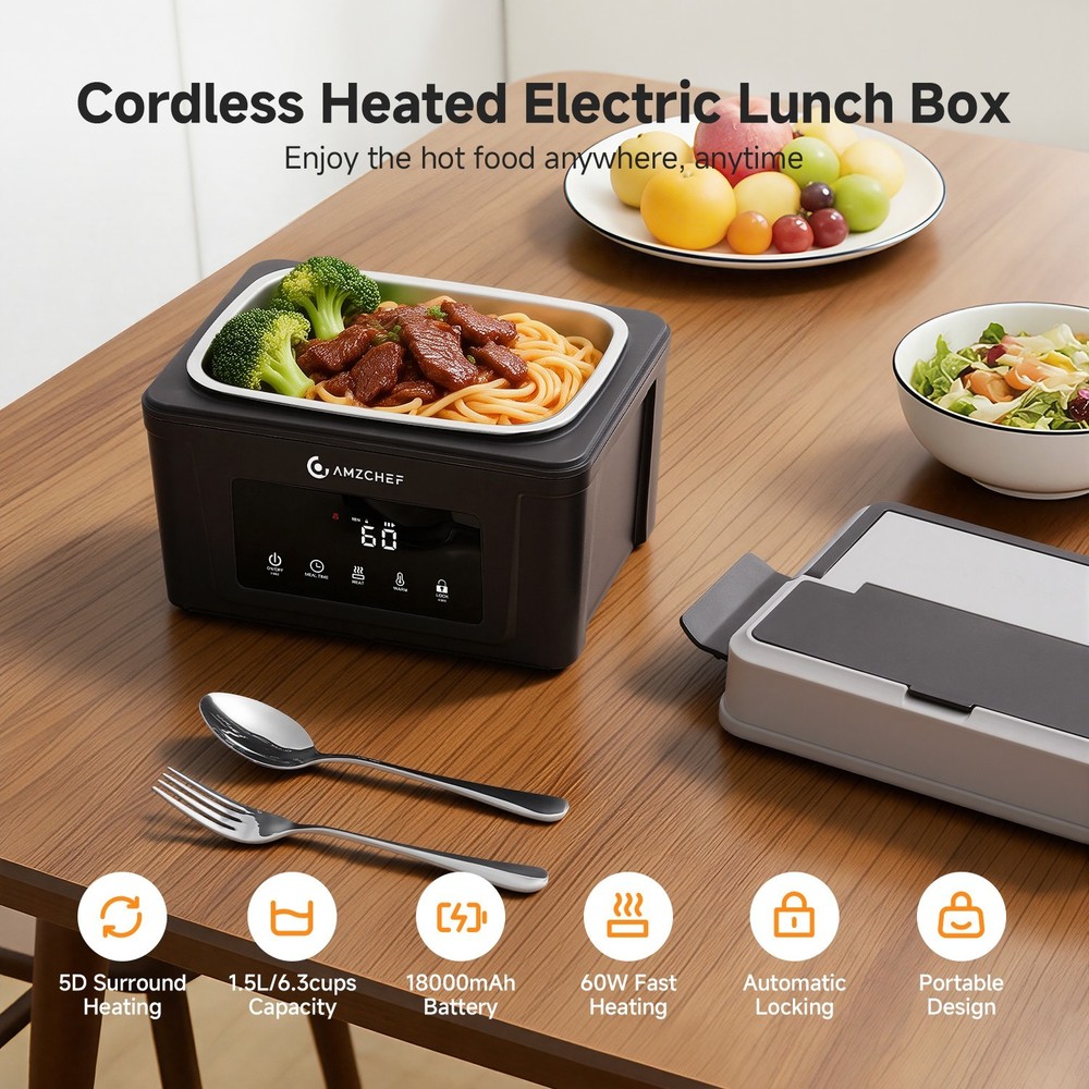 AMZCHEF Cordless Electric Lunch Box,Heater with 5 Heating Elements & Auto Temp