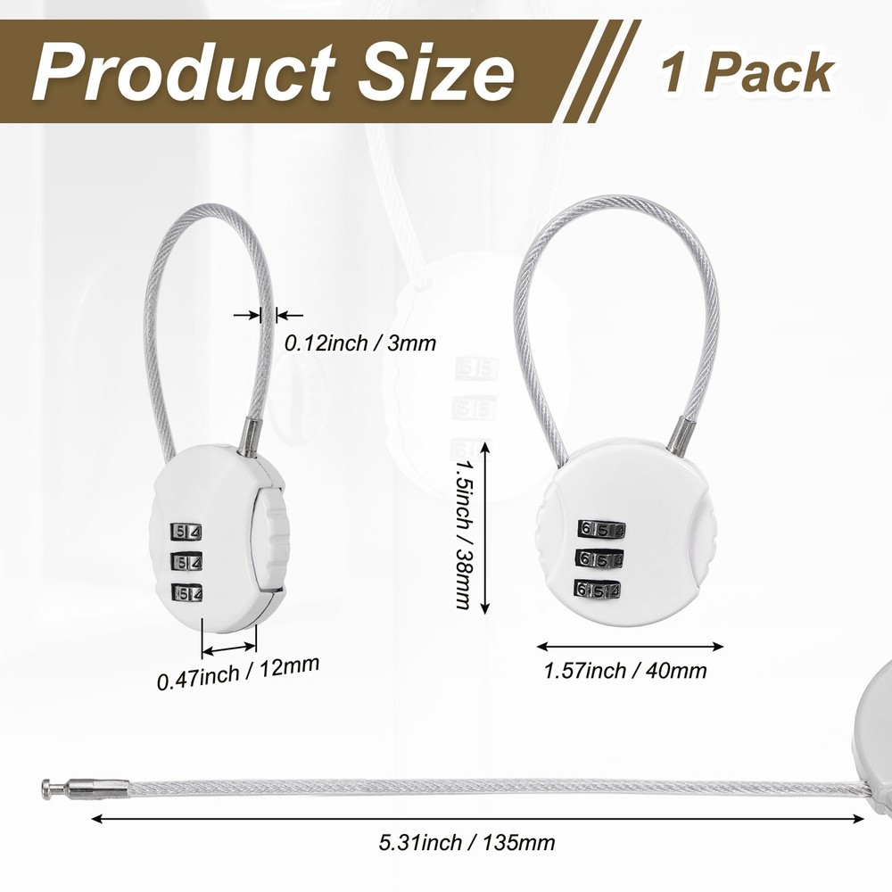 White 3-Digit Combination Cable Padlock for Luggage