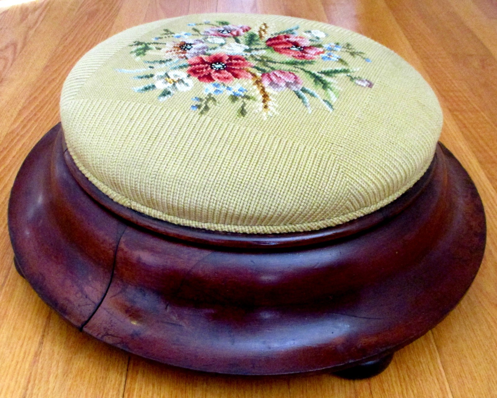 Antique Victorian Empire Pink Needlepoint Round Footstool Ottoman Mahogany