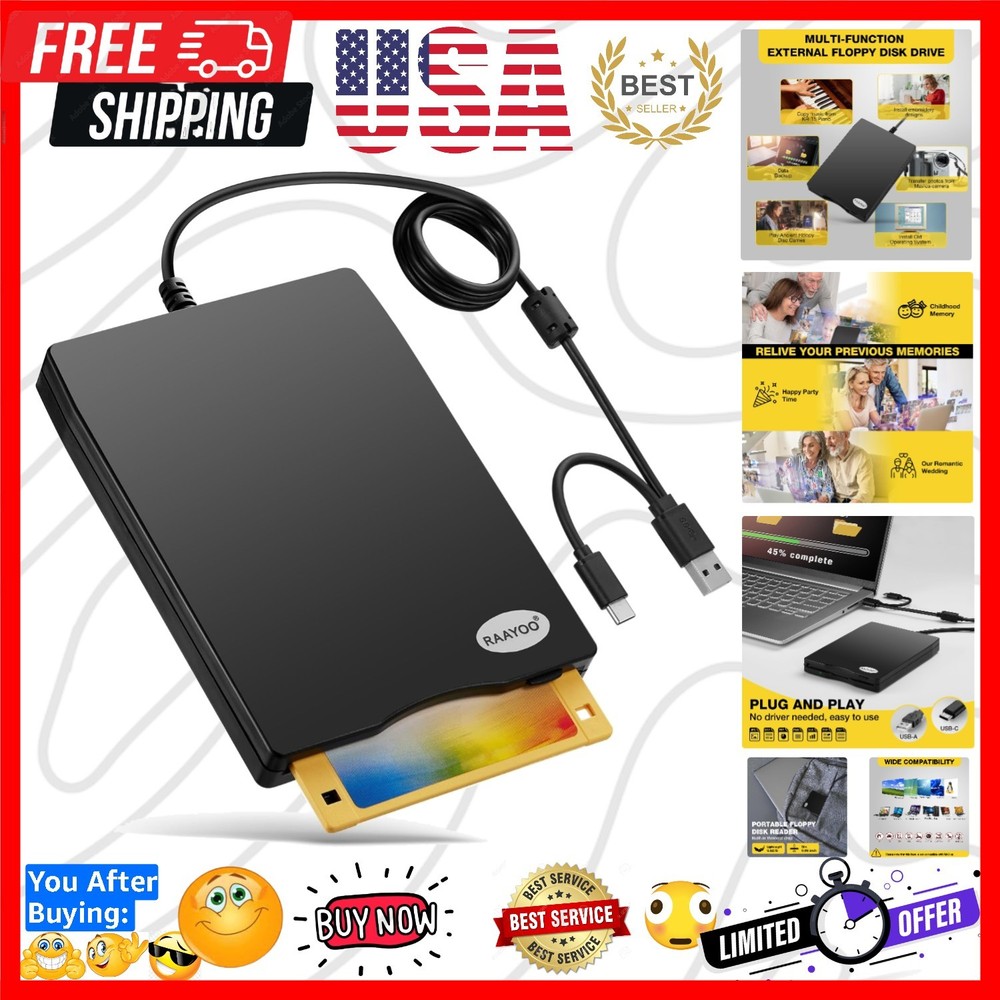 Floppy Disk Reader, External USB 2.0 & Type C Floppy Disc Reader, Portable 3....